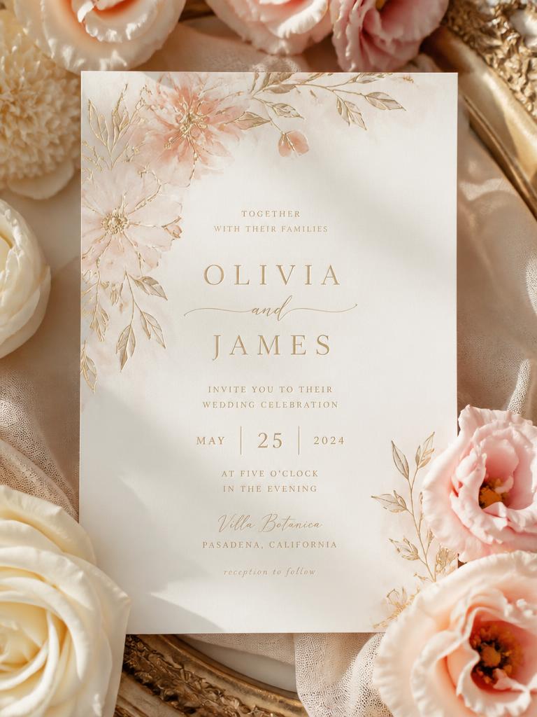 Floral wedding invitation card resting on ivory silk